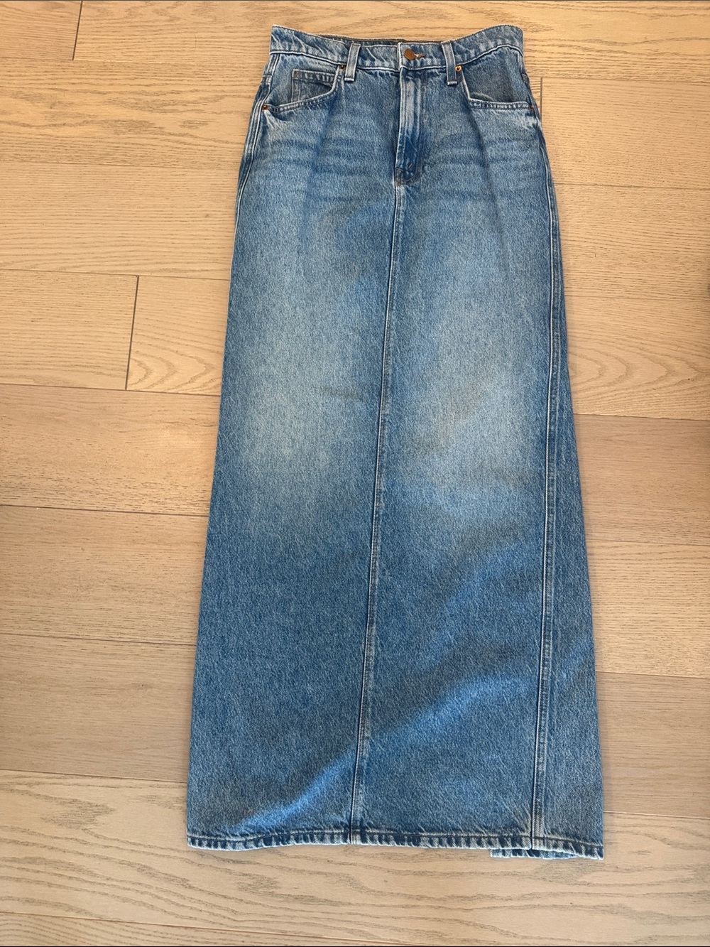Snacks x Mother Classic High-Waist Maxi Denim Skirt in Medium Blue